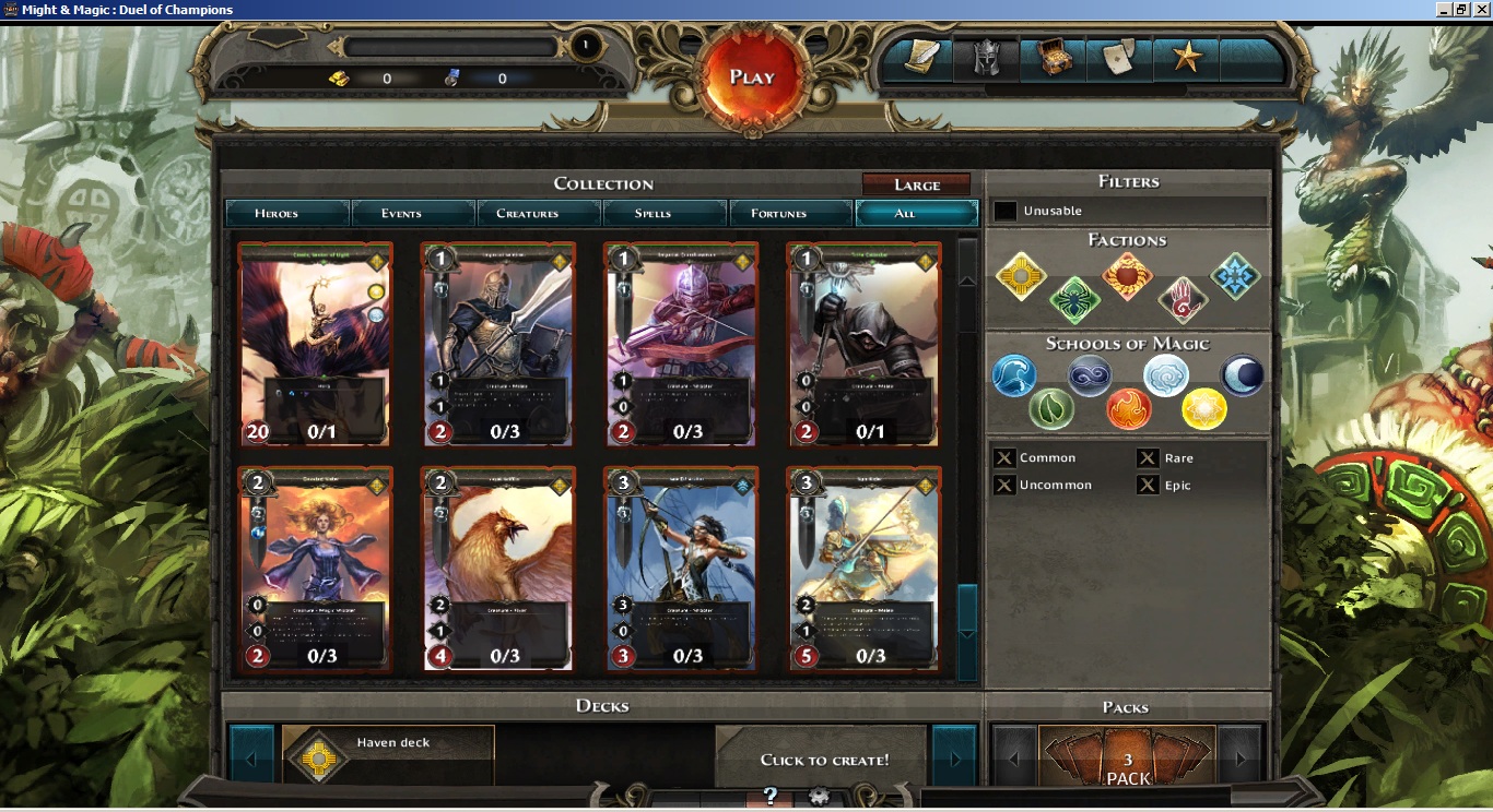 Коллекция карт с возможностью фильтров по фракциям и школам магии (включен режим отображение больших карт)