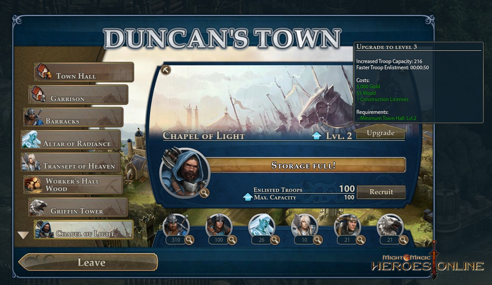 Экран города в Might & Magic Heroes Online