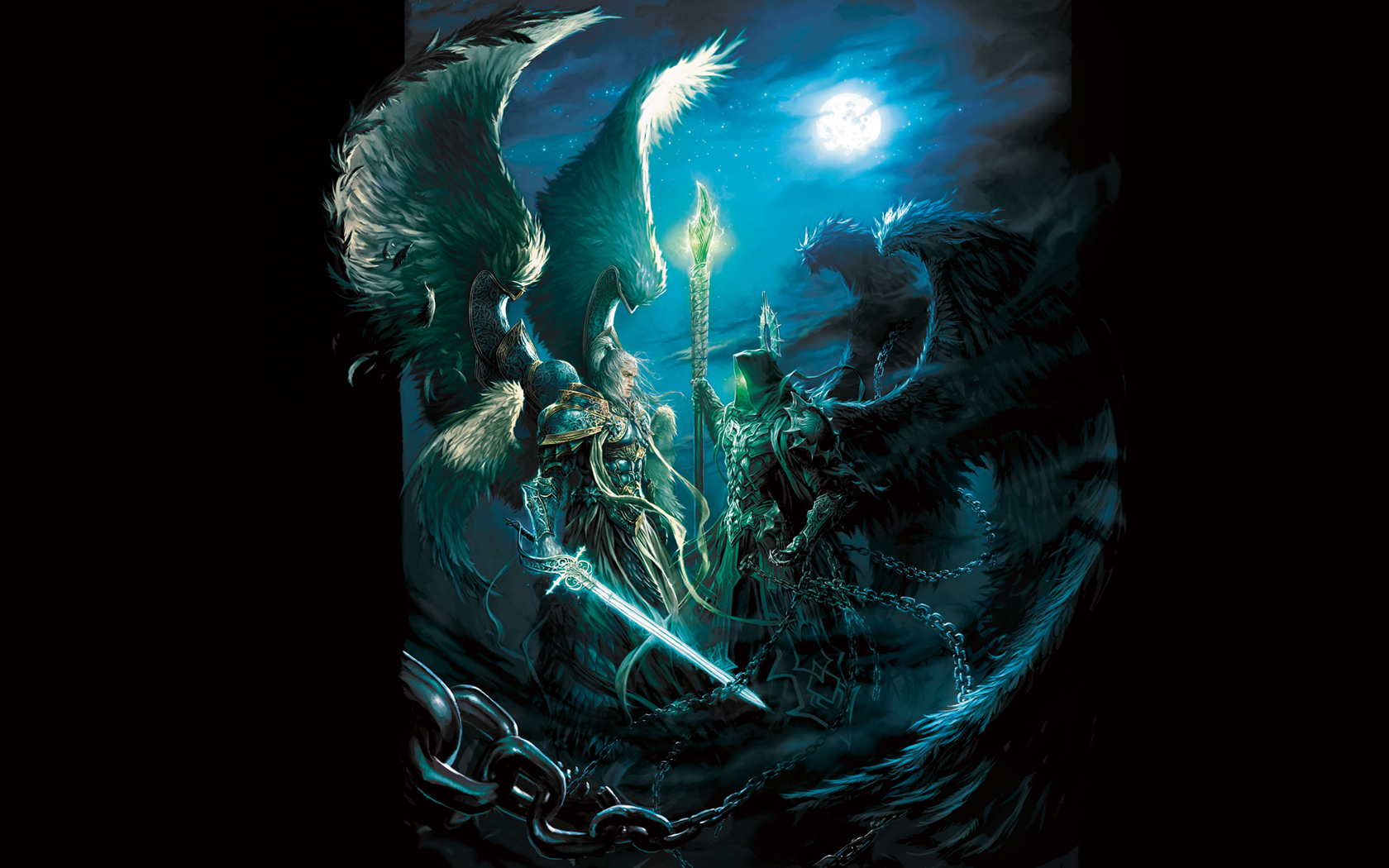 Ключевой концепт-арт посвященный Might & Magic Heroes VI Complete Edition.  Архангел Михаил и падший ангел Белкеш, лидер культа Некромантов и наставник Сандро, лицом к лицу.