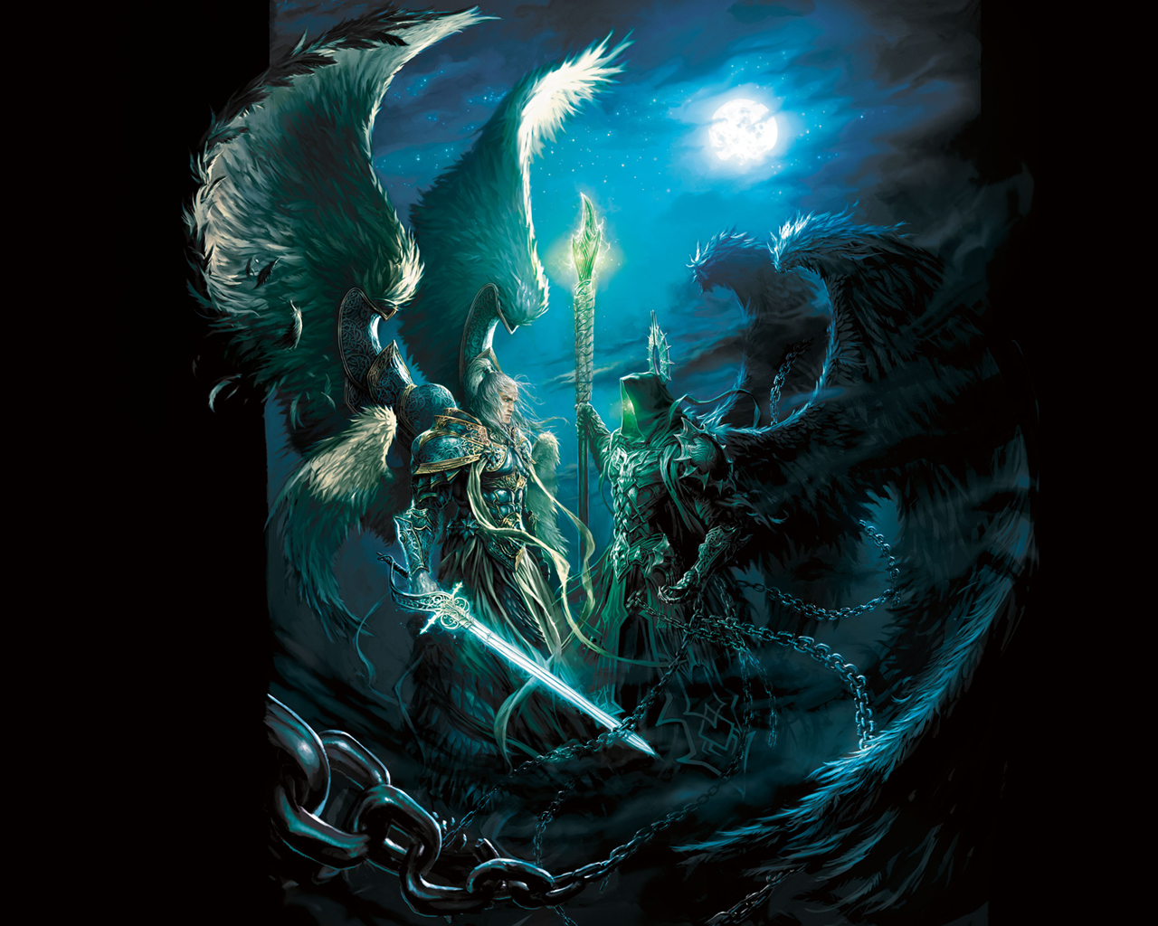 Ключевой концепт-арт посвященный Might & Magic Heroes VI Complete Edition.  Архангел Михаил и падший ангел Белкеш, лидер культа Некромантов и наставник Сандро, лицом к лицу.